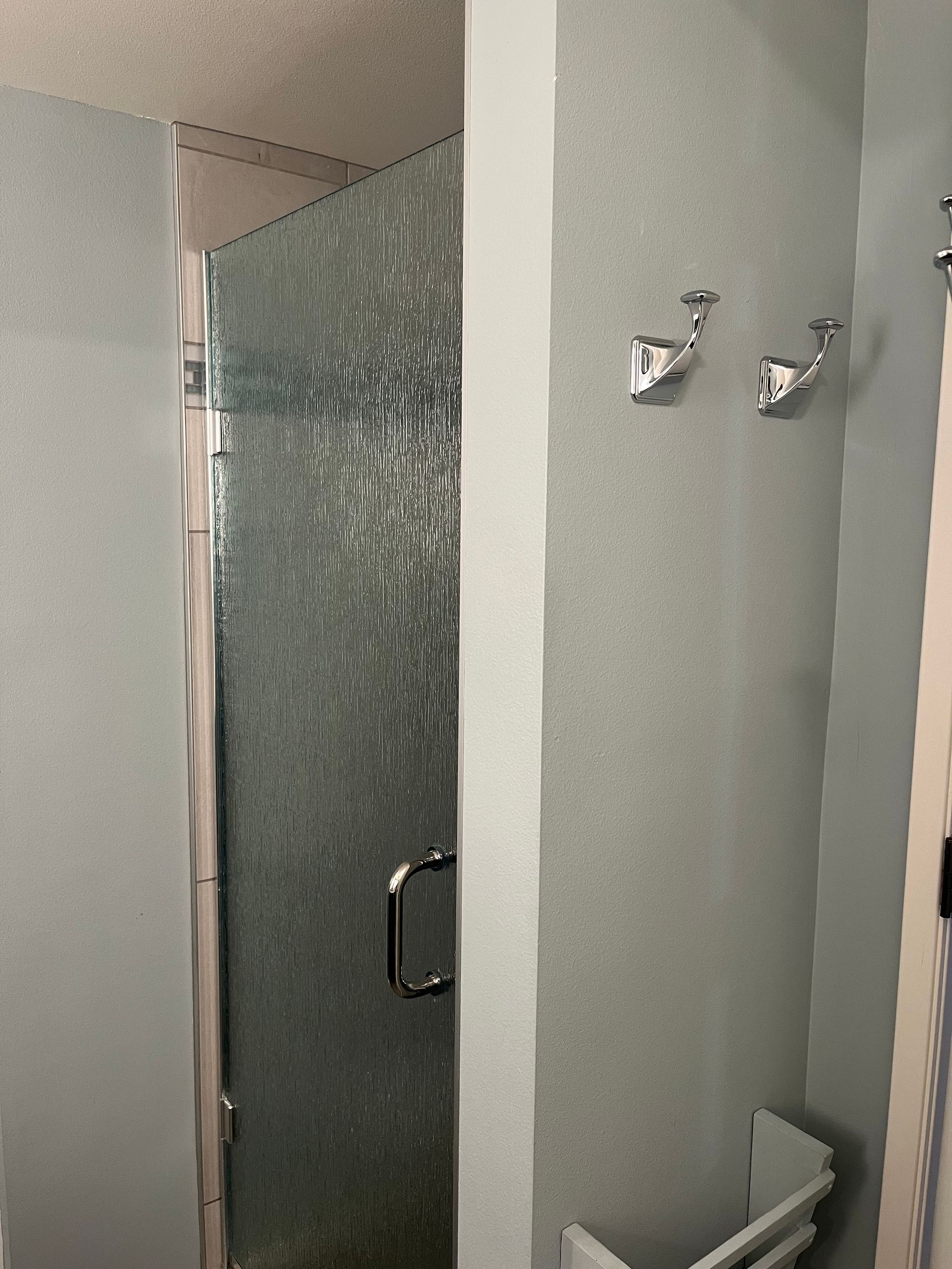 Bathroom with frosted glass shower door, gray walls, wall hooks, and a toilet partially visible.