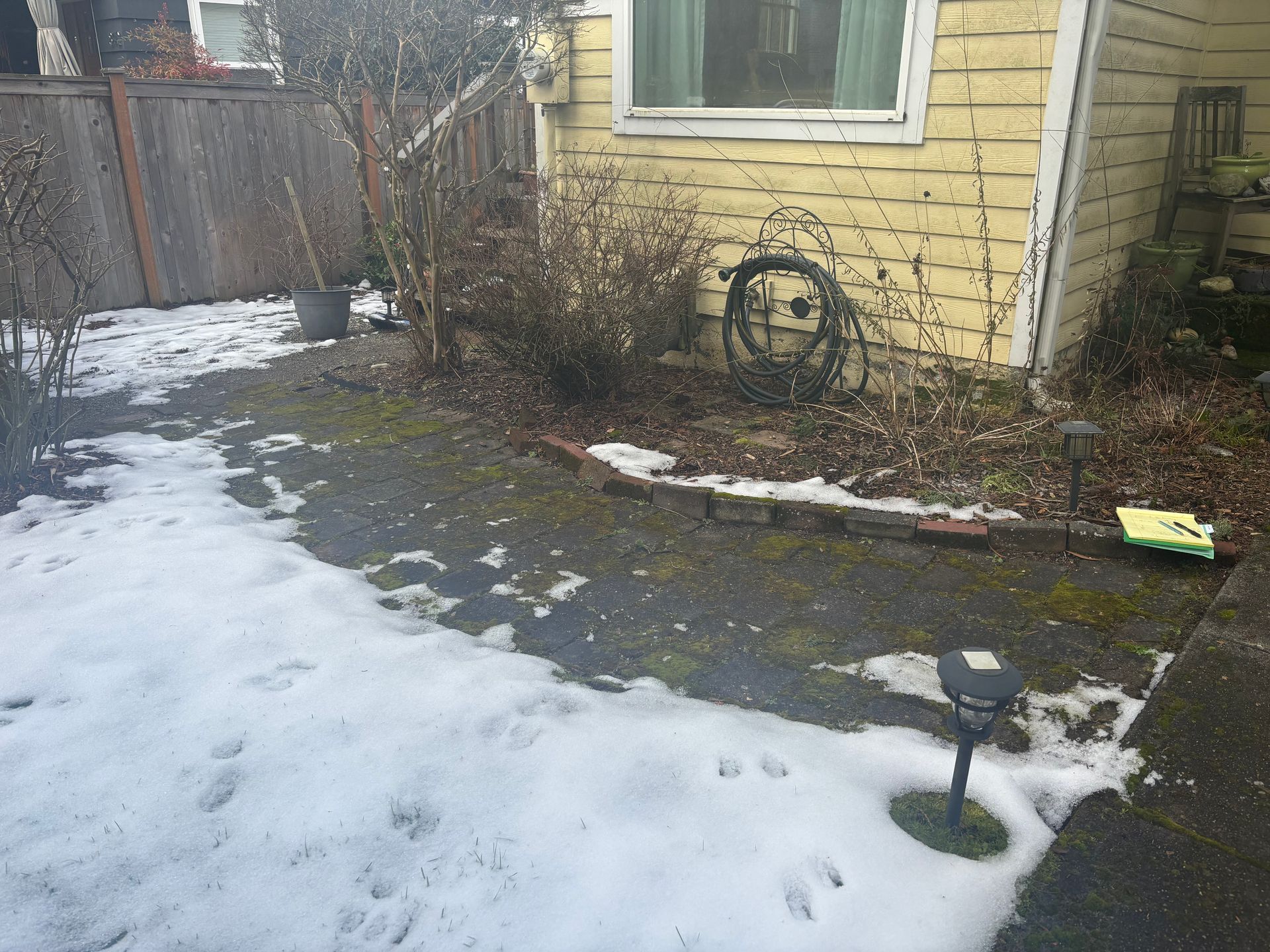 Snowy backyard beside yellow house with walkway, hose reel, and small path light