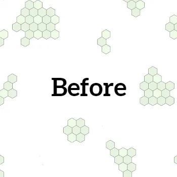 White background with pale green hexagon clusters and the word “Before” in bold black text.