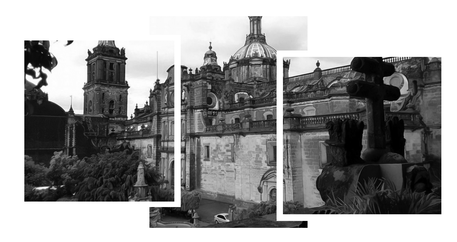 Una fotografía en blanco y negro de una iglesia con una cruz delante.
