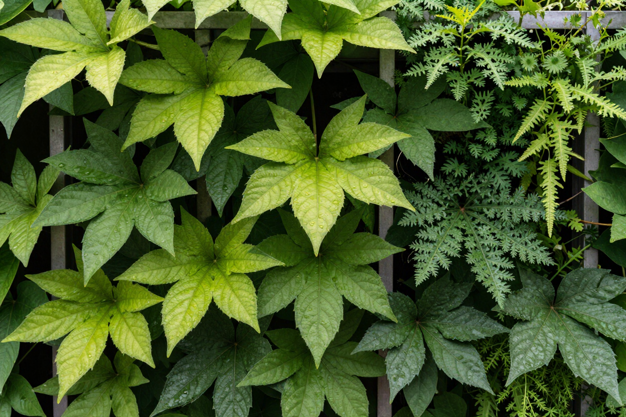 Hiedra verde y hojas parecidas a las del arce cubren una pared, con un follaje denso en diferentes tonalidades de verde.
