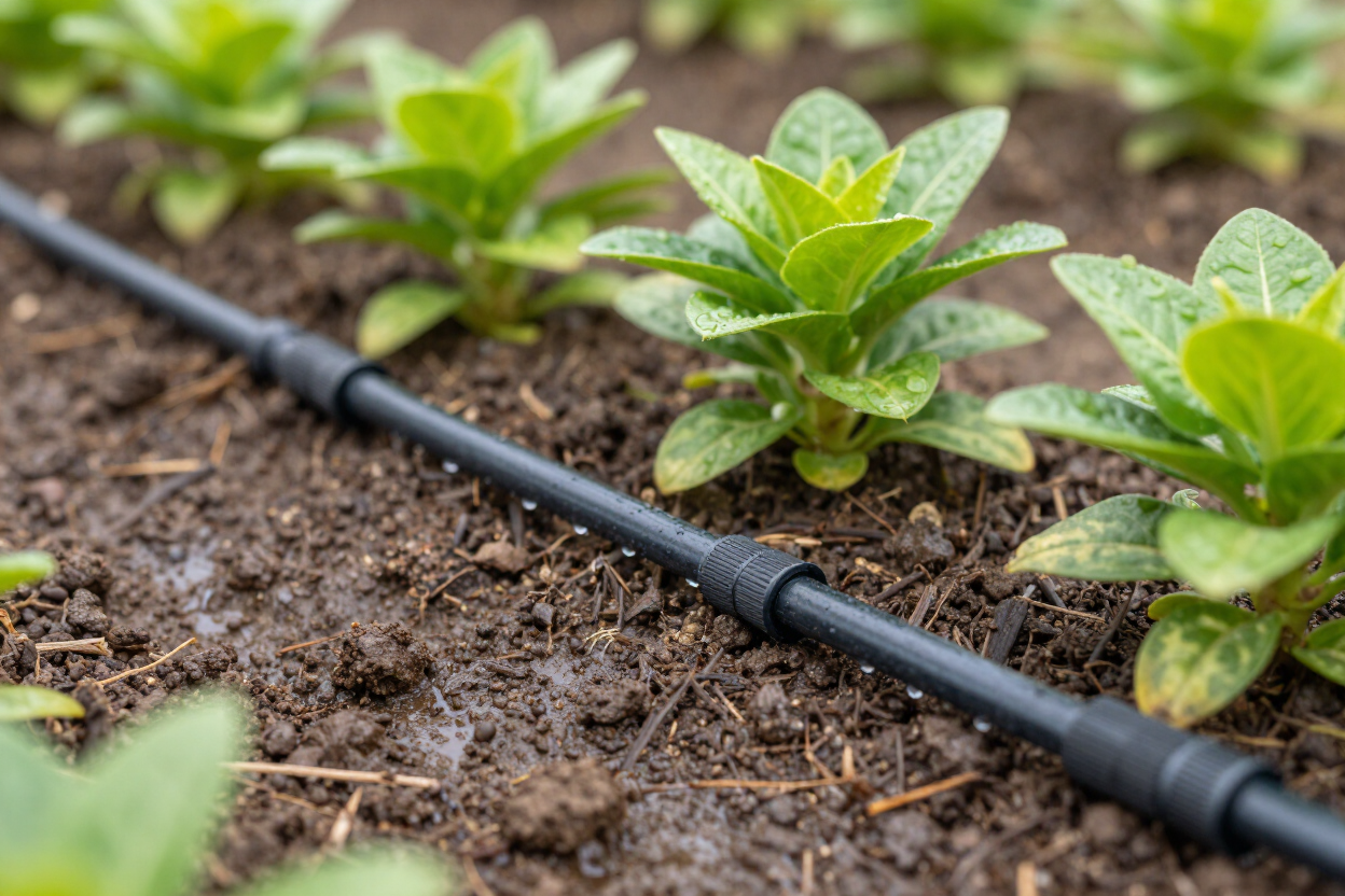 Plantas jóvenes de color verde que crecen en tierra con tuberías negras de riego por goteo entre las hileras.