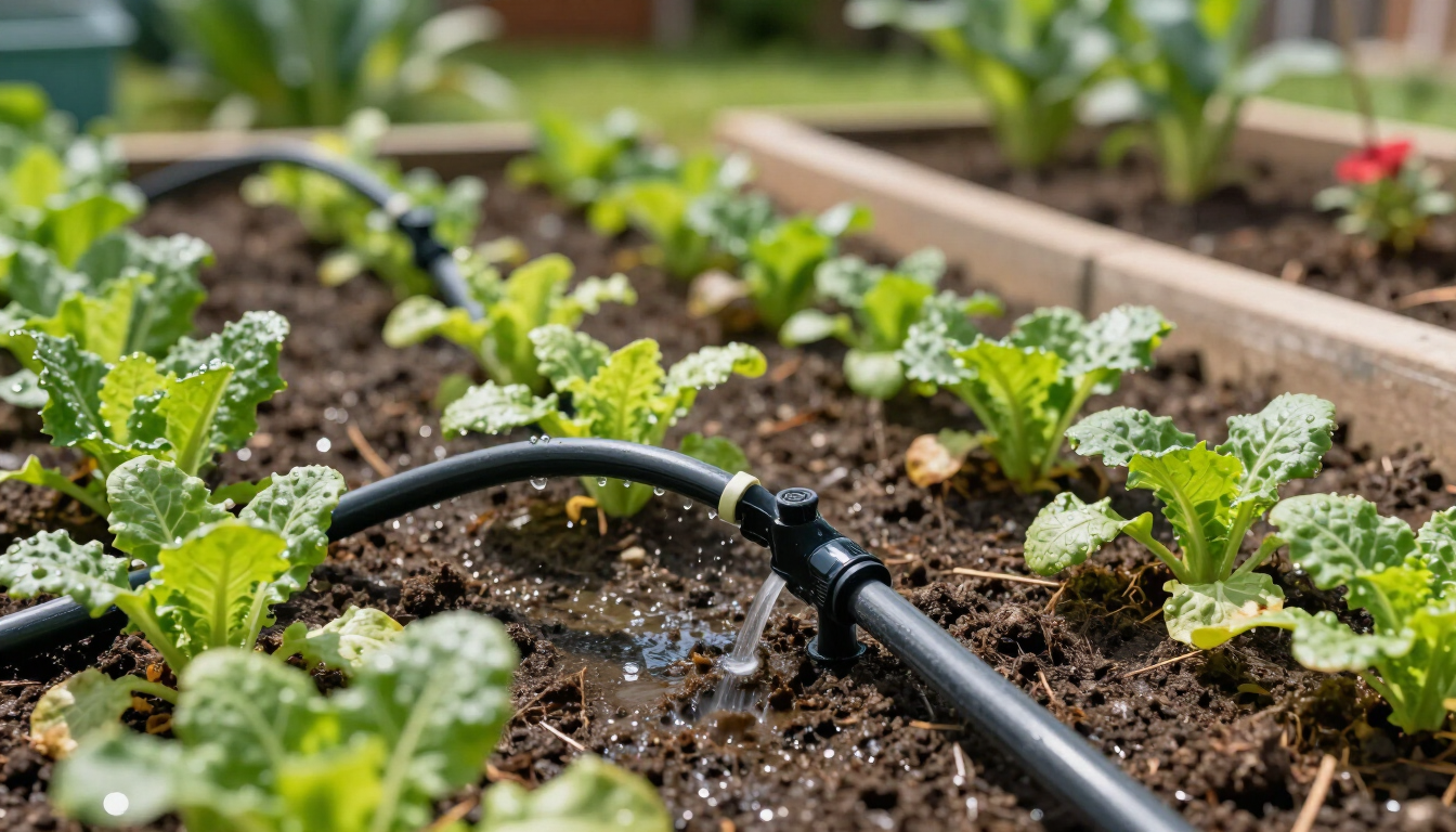 Riego por goteo para plantas jóvenes y verdes en un parterre.