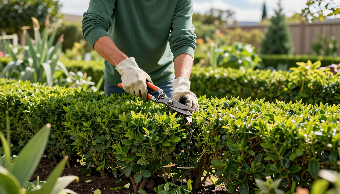 Una persona poda setos verdes con tijeras de podar en un jardín soleado.