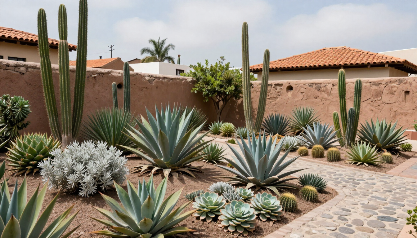 Jardín desértico con agaves, cactus, suculentas y un sendero de piedra junto a muros de estuco y tejados de tejas rojas.
