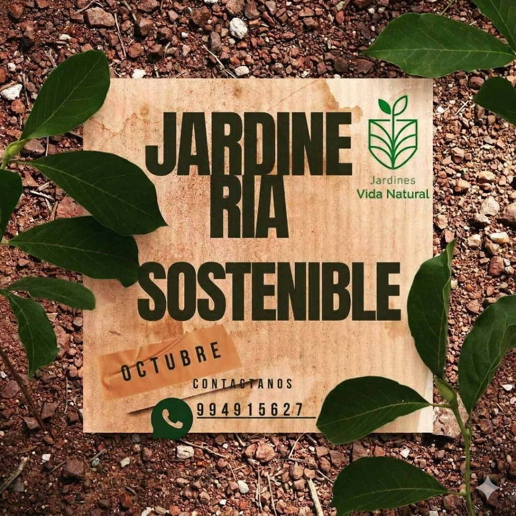 Cartel con plantas que dice “JARDINERÍA SOSTENIBLE” y “OCTUBRE”, sobre un fondo con textura de madera.