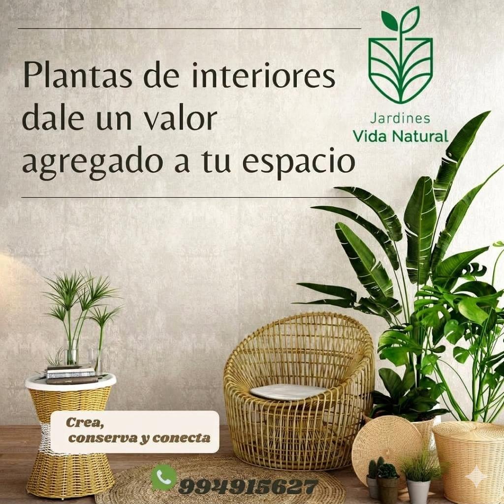 Plantas de interior junto a muebles de mimbre, con texto promocional en español y logo de Jardines Vida Natural.