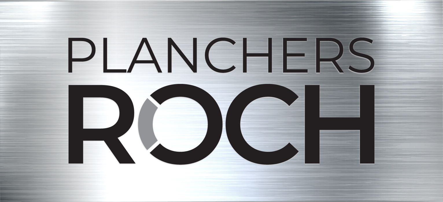 Logo de « Planchers Roch » en caractères noirs sur fond métallique. Le « O » de « Roch » présente un segment grisé.