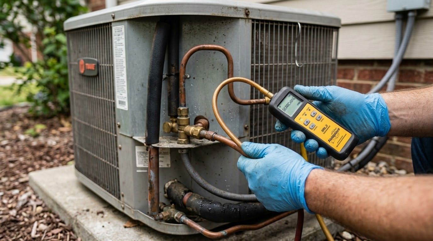 Gloved technician uses a digital meter to inspect HVAC unit wiring outdoors.