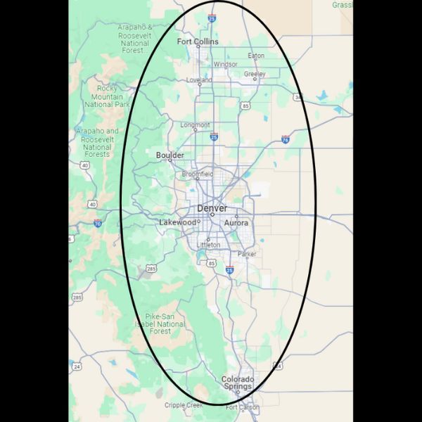 Map of Denver, Colorado, outlined with a black oval highlighting the metro area.