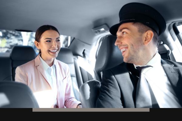 Two smiling people in formal clothes sitting in a car's back seat, talking and facing each other.
