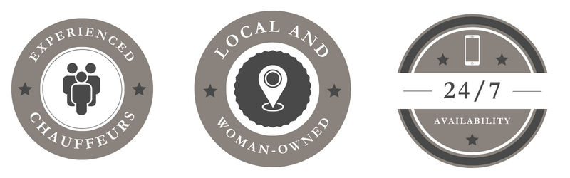 Three gray circular badges: experienced chauffeurs, local and long-distance, 24/7 availability.