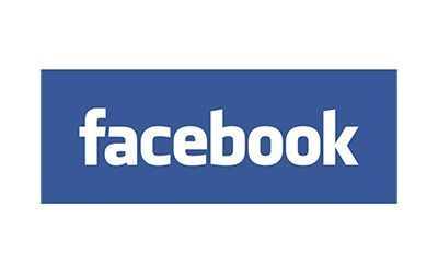 Facebook logo in white on a blue rectangular background