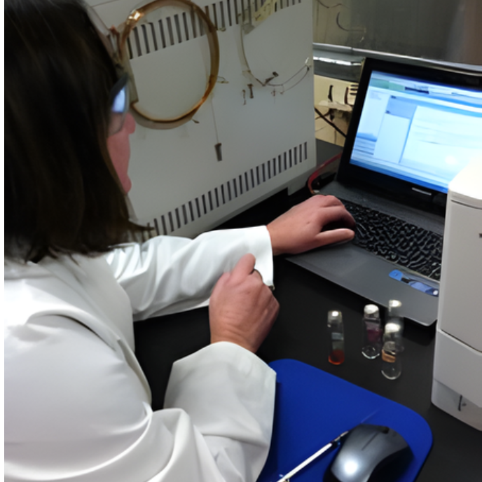 Scientist in a lab coat working on a laptop beside lab equipment and small vials on a blue mat