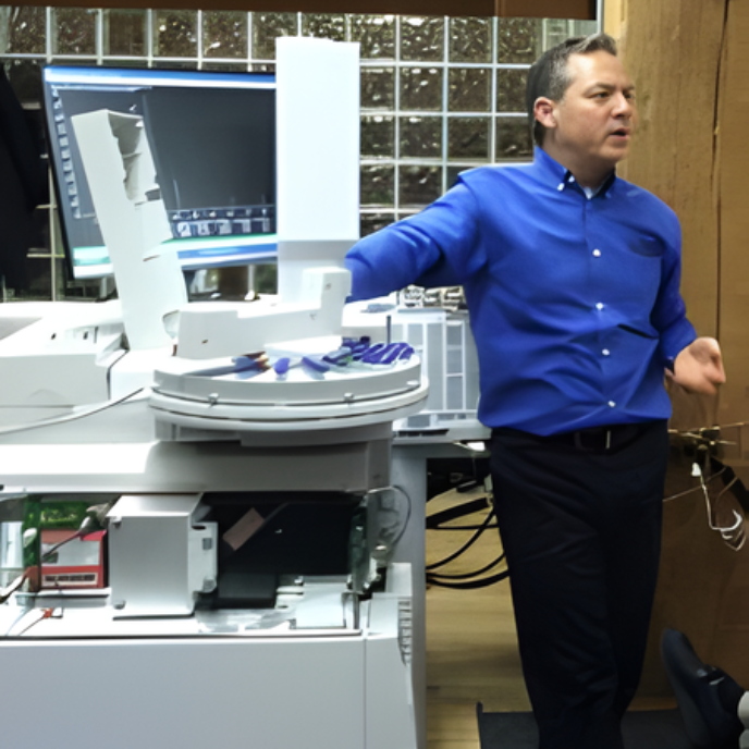 Man in a blue shirt standing beside a large lab machine in an office or workshop setting