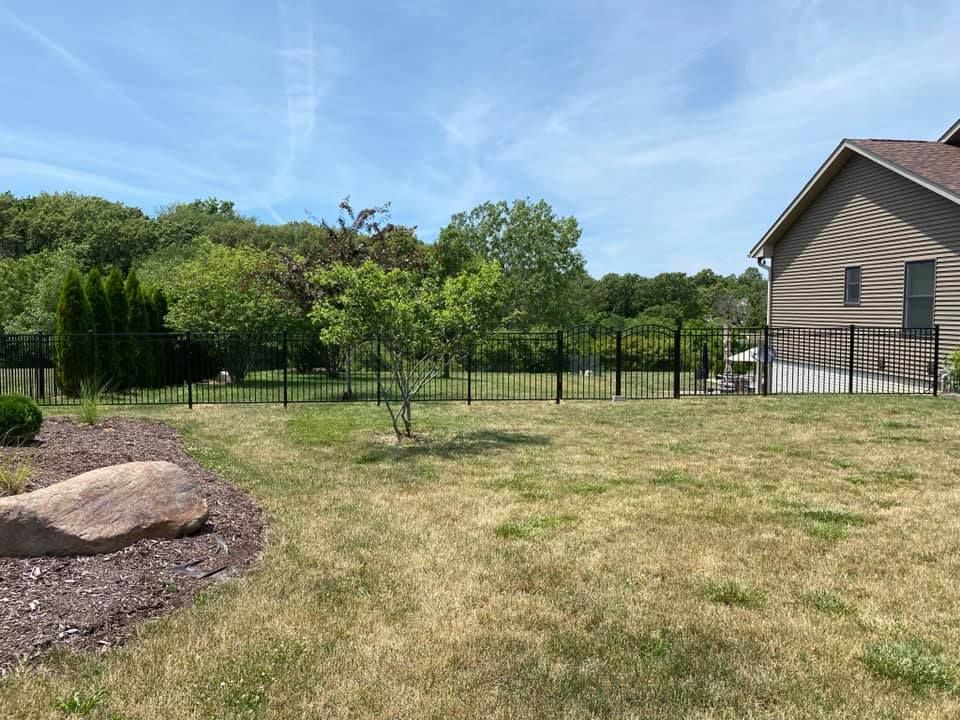 Grassy backyard with a small tree, large rock, black fence, and tan house under a blue sky