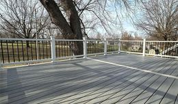 Wooden deck with white railing overlooking leafless trees on a sunny day