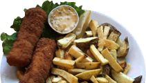 Fried fish fillets, fries, potato wedges, tartar sauce, and lettuce on a plate.