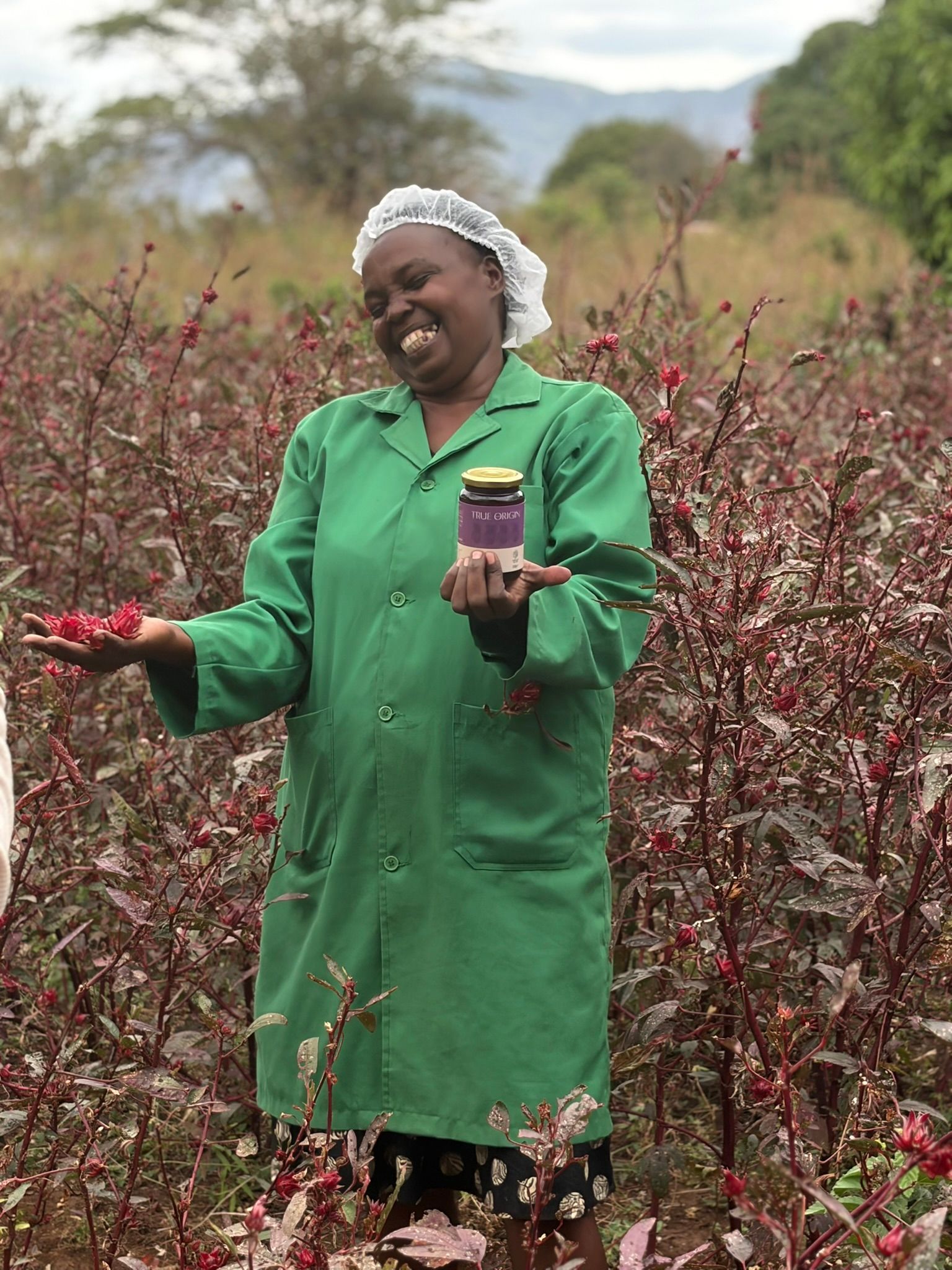 A female farmer standing in a hibiscus field in Kenya