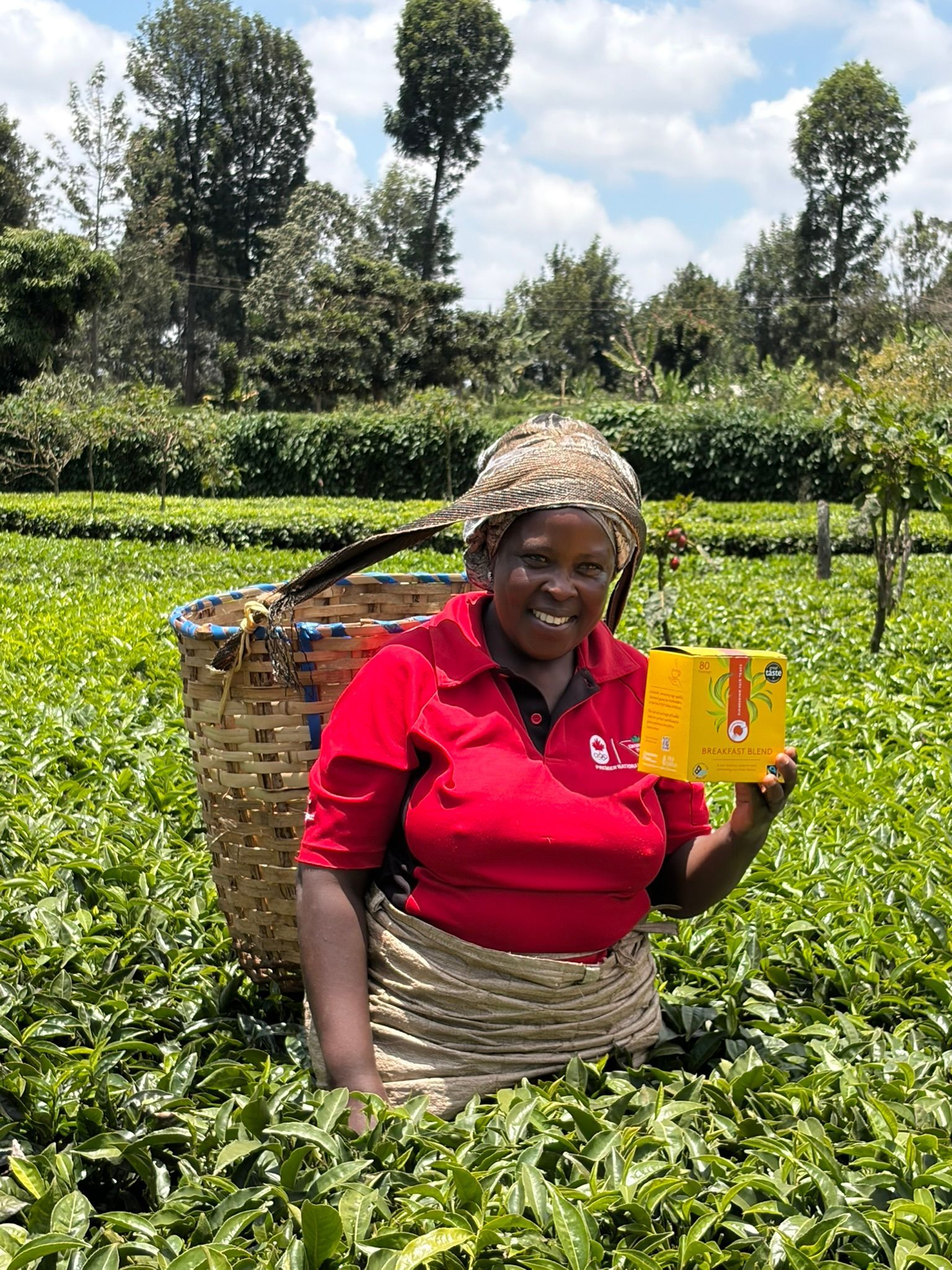 A tea farmer in the Nyeri region of Kenya standing in her tea farm holding a box of Traidcraft Tea