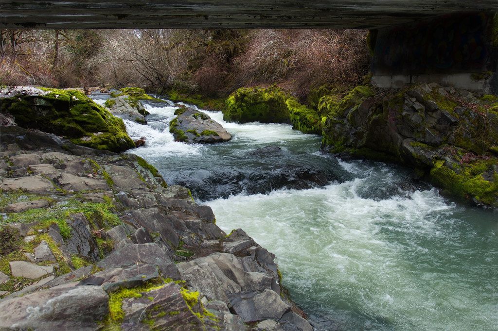 A river flowing under a bridge surrounded by rocks and moss.