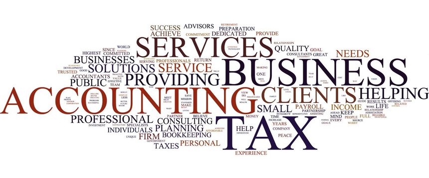 Word cloud of accounting and business services, with “ACCOUNTING,” “BUSINESS,” and “TAX” in large text.
