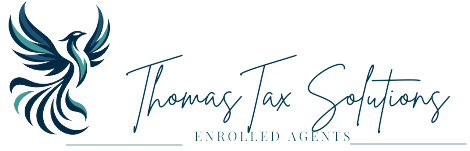 Thomas Tax Solutions logo with teal stylized bird and script text on white background