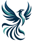 Stylized teal and navy phoenix-like bird with wings spread, centered on a white background