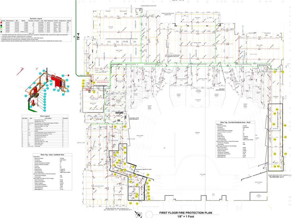 Jacksonville sprinkler shop drawing with a fire pump and riser detail