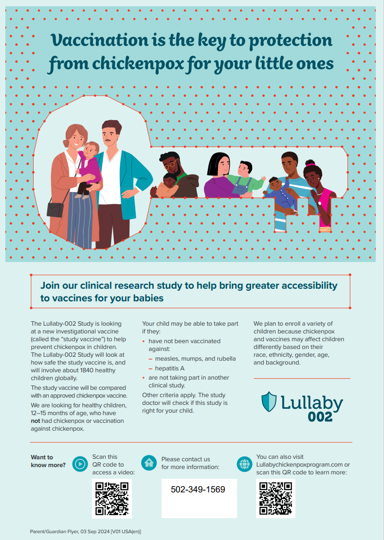 Ad for chickenpox vaccination: illustration of diverse families with children, promoting research study.