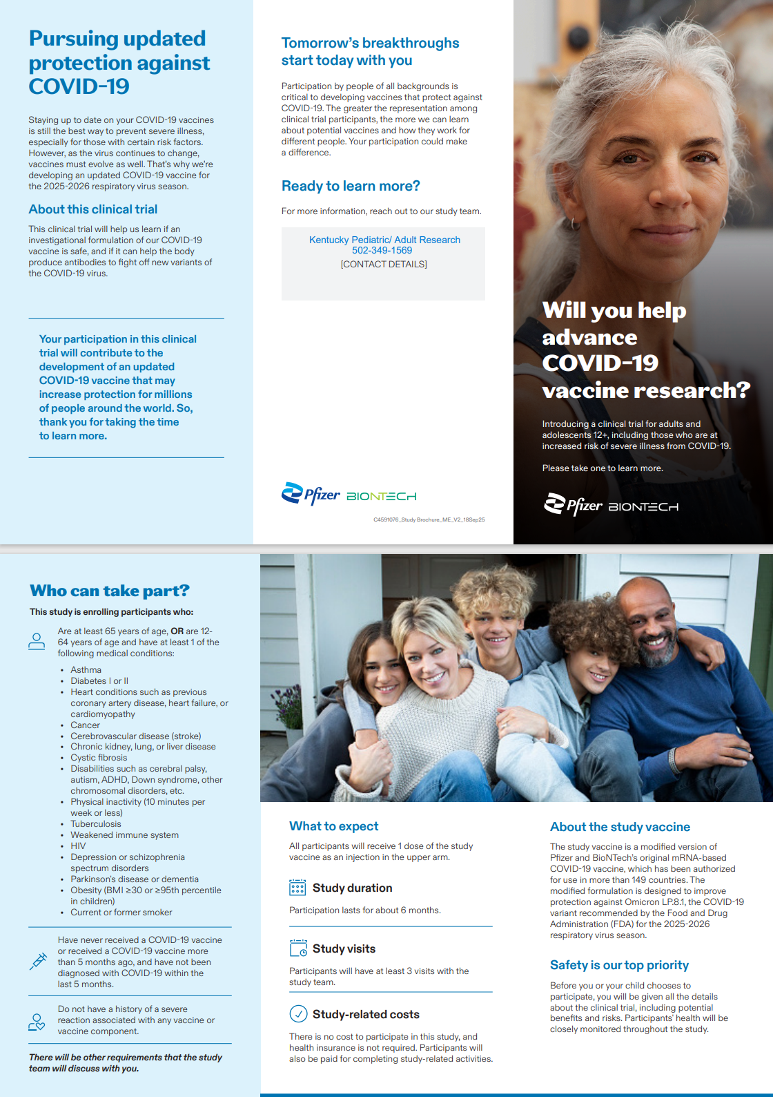 Brochure about COVID-19 vaccine research, featuring a woman and a family.