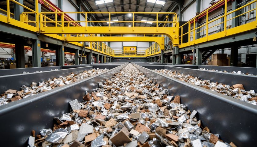 Conveyor belts filled with shredded waste in a recycling facility, under yellow overhead structure. Conveyor belts filled with shredded waste in a recycling facility, under yellow overhead structure.