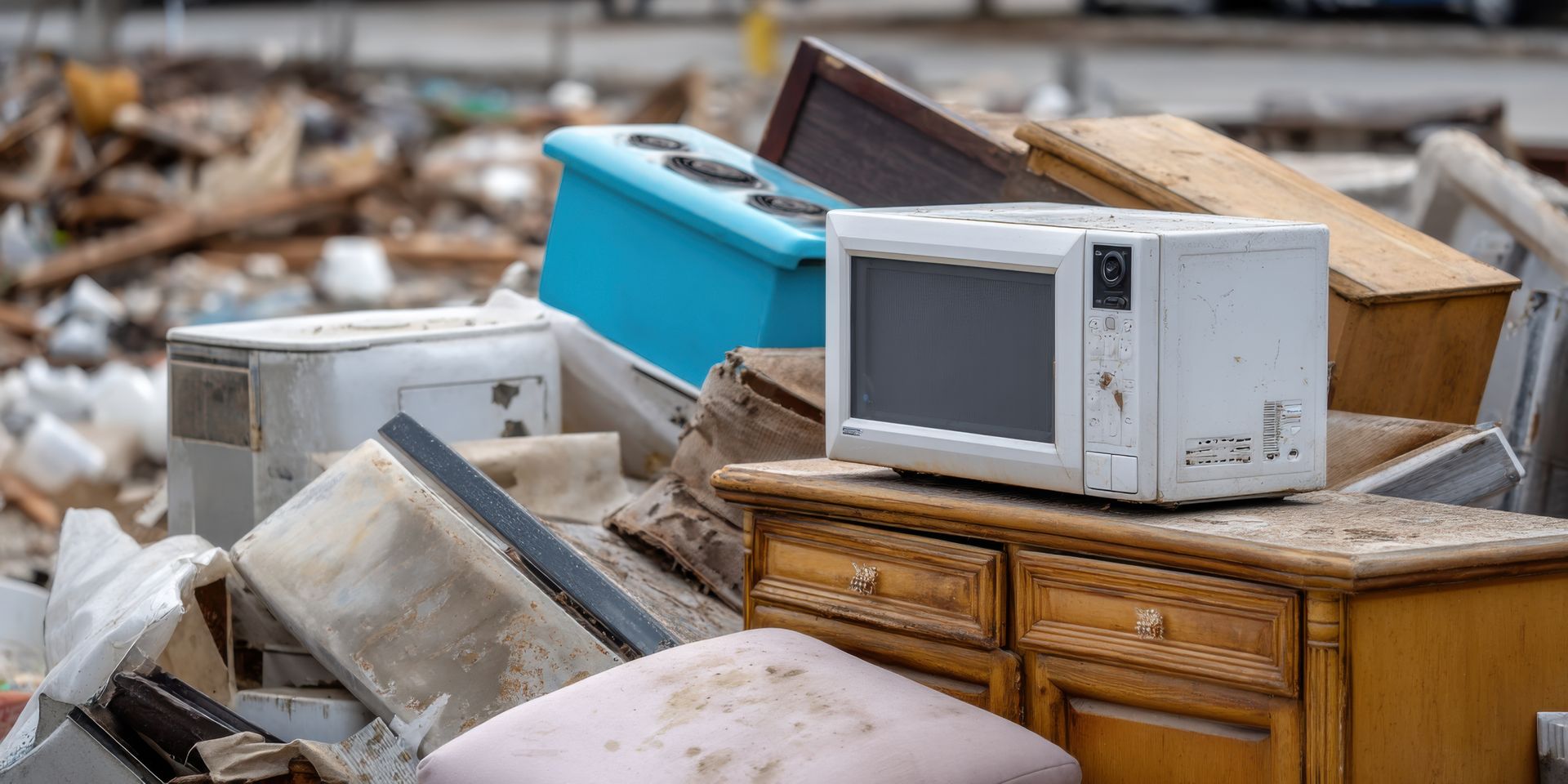 Pile of discarded household items, including a microwave, on top of wooden furniture. Pile of discarded household items, including a microwave, on top of wooden furniture.