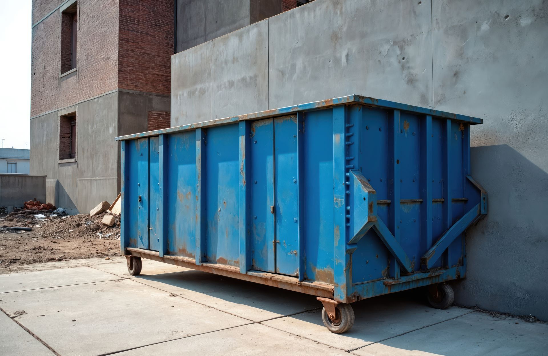 Weathered blue steel roll-off dumpster with rust streaks, parked on a concrete lot by a bare wall. Weathered blue steel roll-off dumpster with rust streaks, parked on a concrete lot by a bare wall.