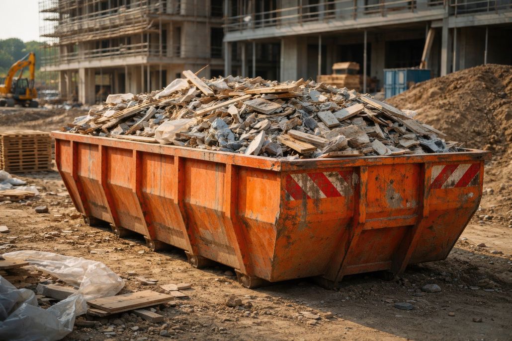 Large container holding construction refuse on building project Large container holding construction refuse on building project
