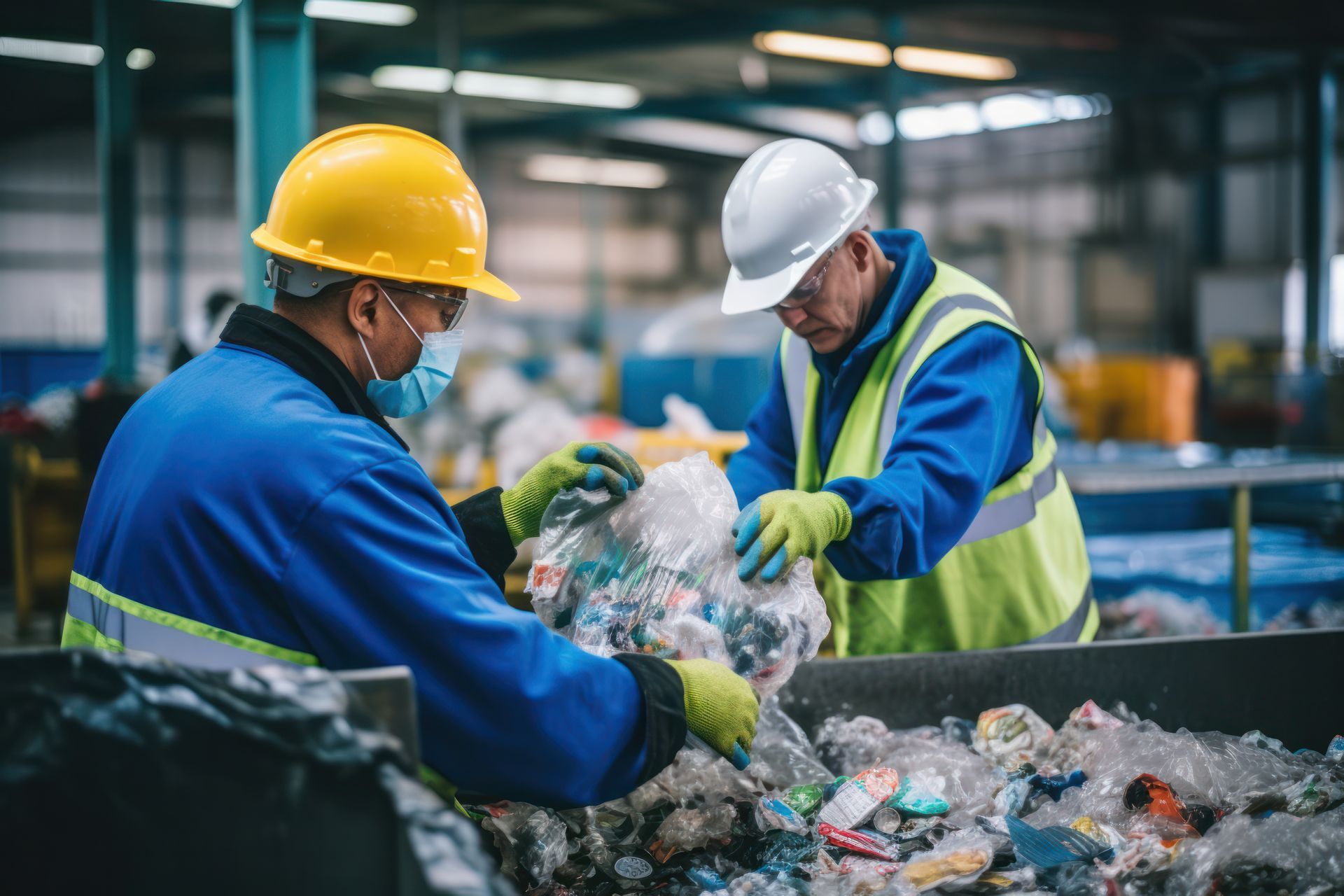 Two workers sorting plastic at a recycling facility. One wears a mask, hard hat, and gloves. Two workers sorting plastic at a recycling facility. One wears a mask, hard hat, and gloves.