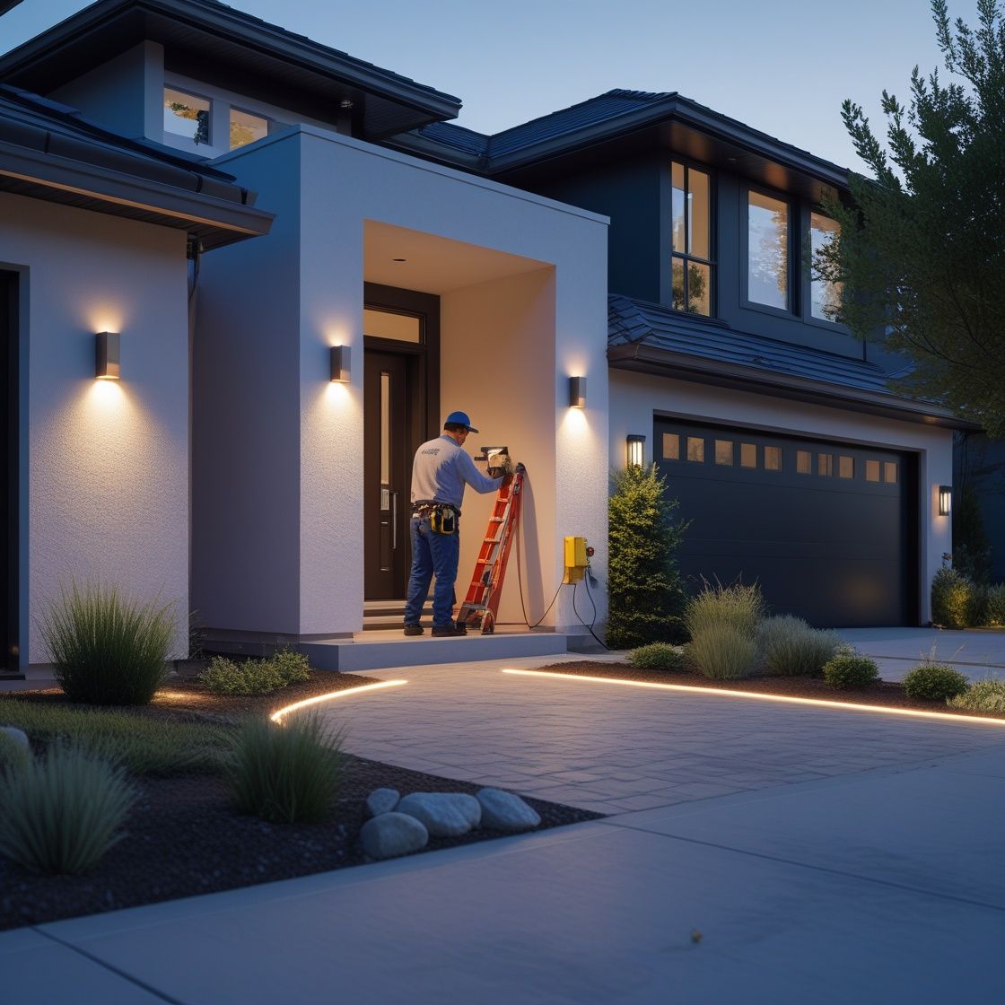Licensed electrician installing smart outdoor security lighting at a modern home to improve safety