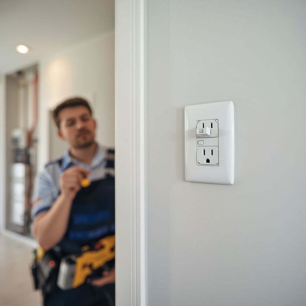 Electrician inspecting a GFCI outlet in a home to improve electrical safety and prevent shock hazard