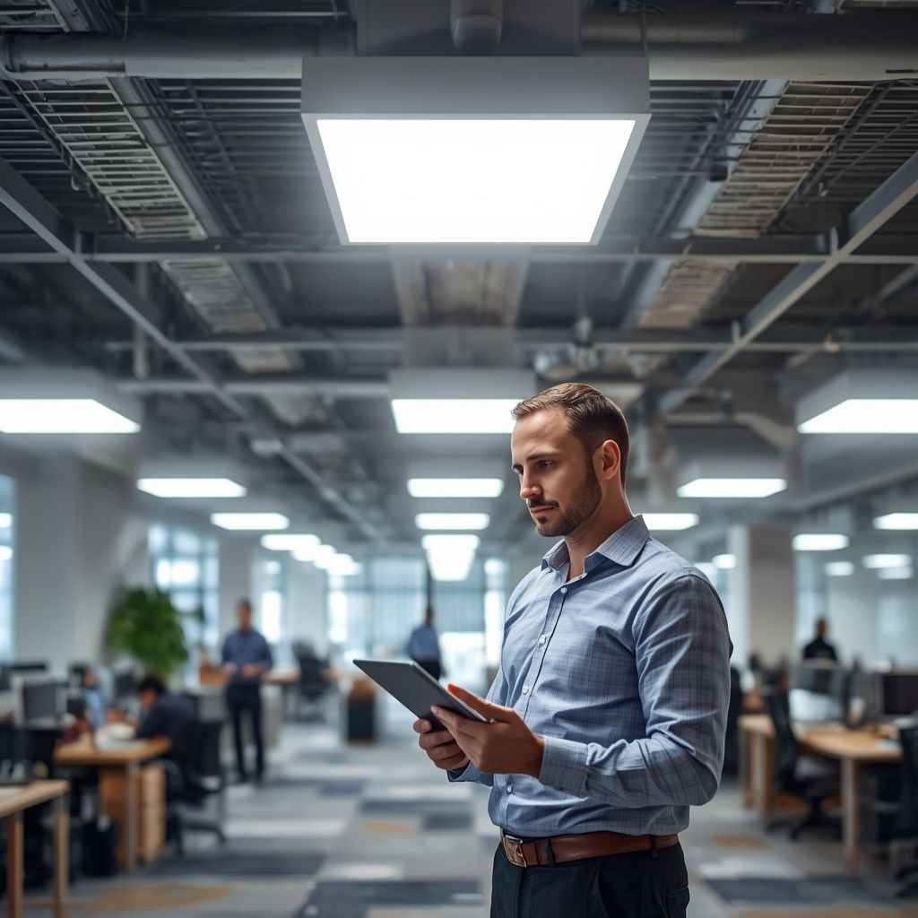 Commercial office building with energy-efficient LED lighting retrofit installation designed