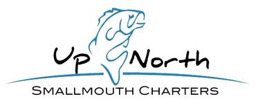 The logo for up north smallmouth charters has a fish on it.