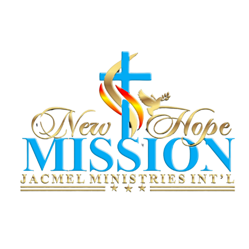 Logo for New Hope Mission with a blue cross, gold accent, and decorative blue and gold text