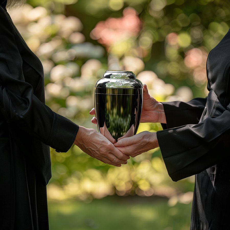 Two people holding an urn for Beech Creek, PA cremation services in a peaceful outdoor memorial setting