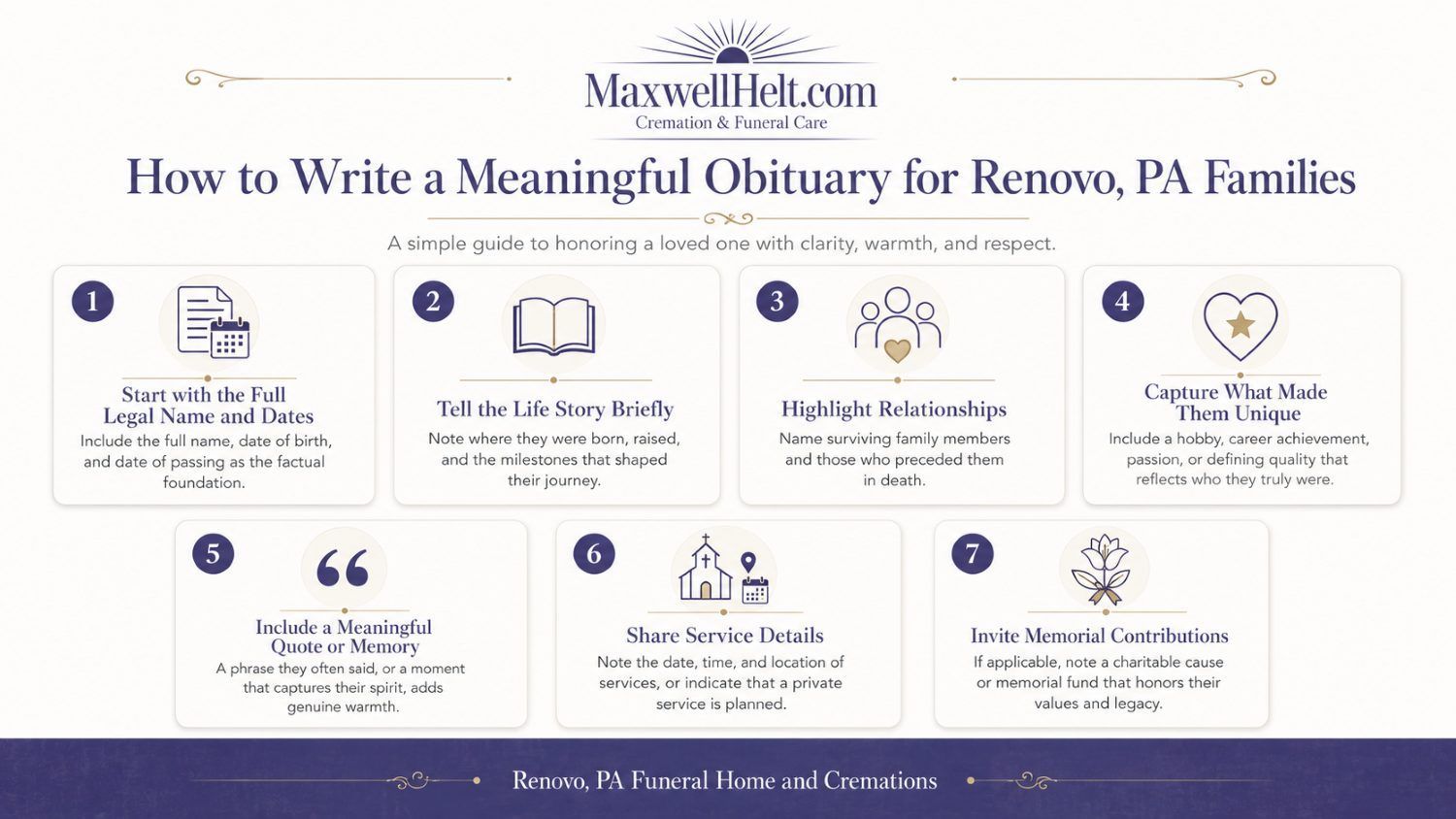 Meaningful obituary writing infographic for funeral home and cremations Renovo, PA with seven guidance steps