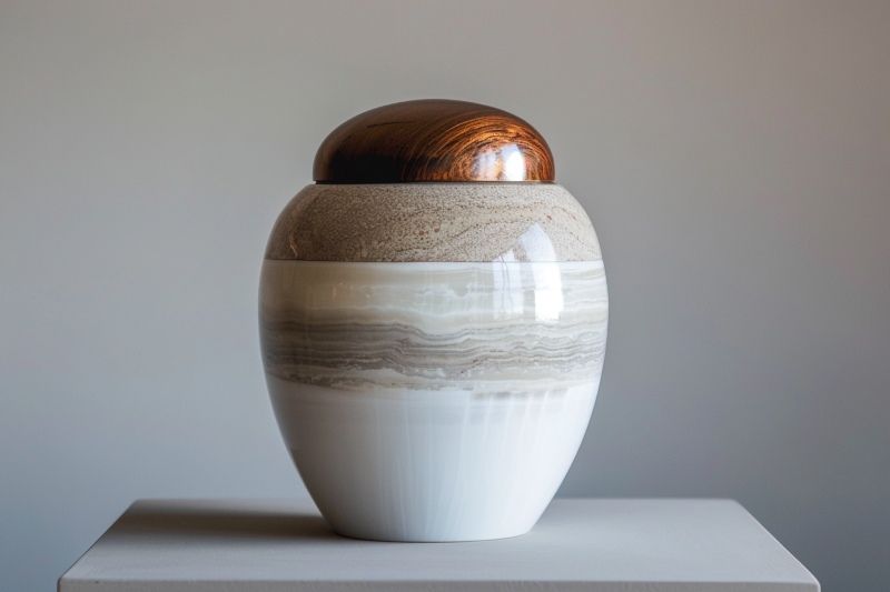 Decorative urn for Lock Haven, PA cremation packages with wood-tone lid on a white pedestal