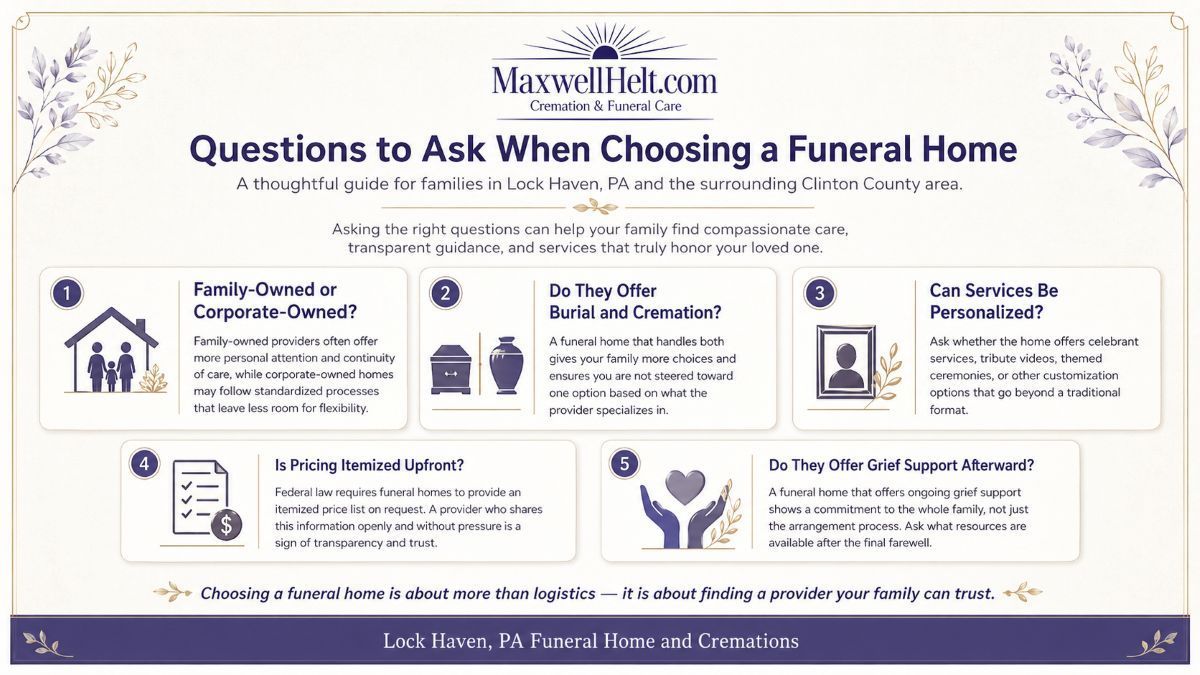Questions infographic for Lock Haven, PA funeral home and cremations with five selection tips
