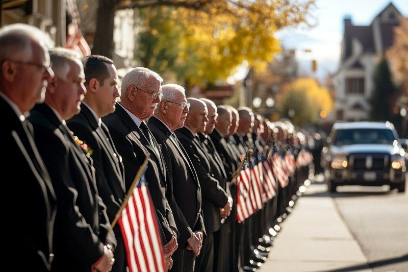 Veterans procession for Lock Haven, PA Veterans services with flag bearers and hearse on a city street