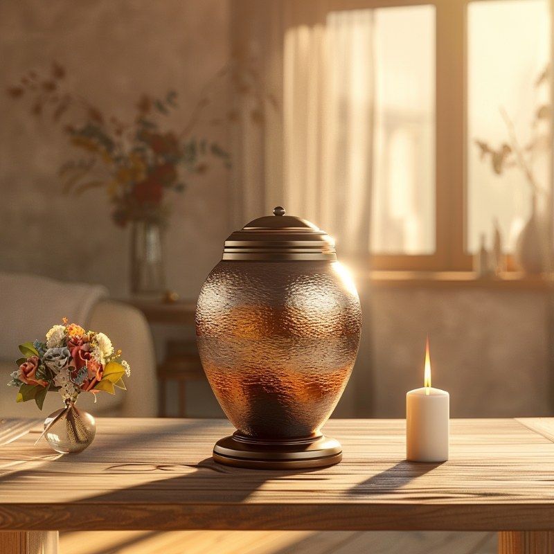 Decorative urn for Renovo, PA cremation services beside a candle and flowers in warm light