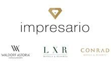 Logo for Impresario, with Hilton hotel brands: Waldorf Astoria, LXR Hotels & Resorts, Conrad.