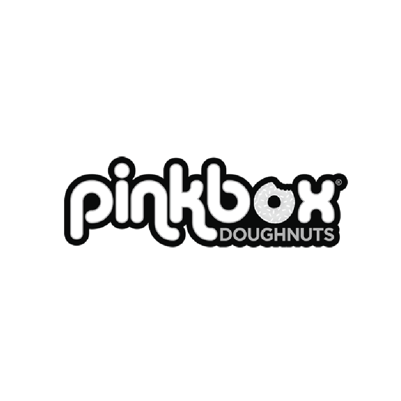 Pinkbox Doughnuts logo: black and white text, 