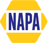 NAPA logo in blue text on a yellow hexagonal background